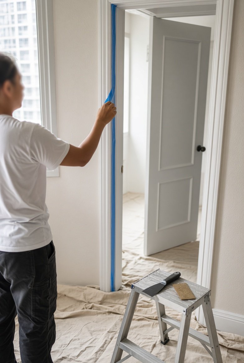 Painter taping edges and covering furniture
